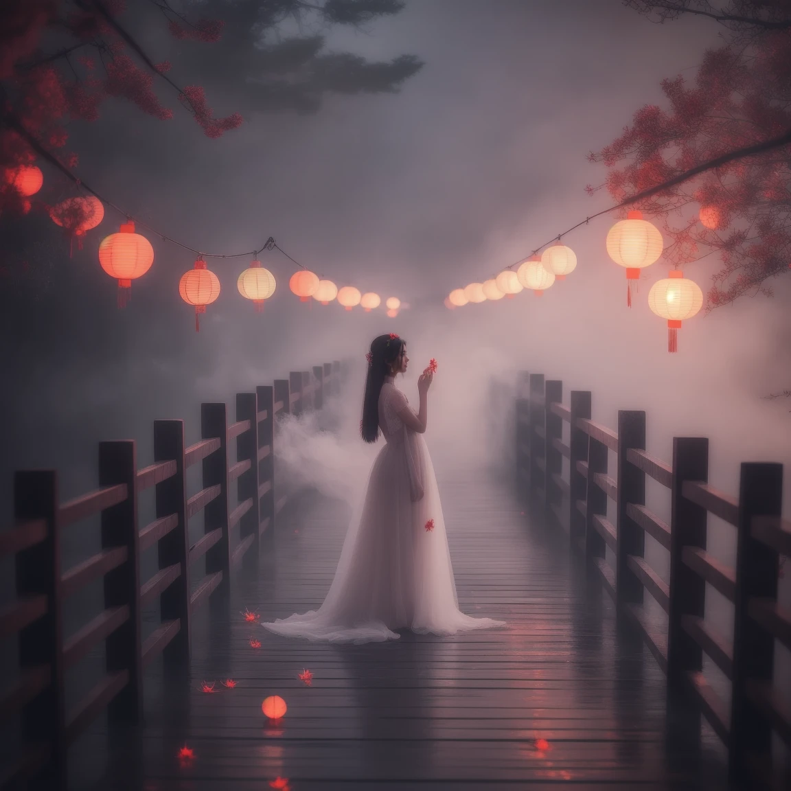 (masterpiece, best quality:1.2), upper body, ((1 beauty girl)), ((wearing clothes)), solo, ((lying pose)), The mysterious Chinese wooden suspension bridge is endlessly long, floating in the mist, on both sides of the bridge are fallen lanterns, on both sides of the river are decorated with red spider lilies, ethereal lighting, delicate smoke effects, dreamlike background , the symbol symbolizes the spiritual journey and reunion, gentle pastel colors, quiet atmosphere, chinese hell theme, cinematic, dark scene,