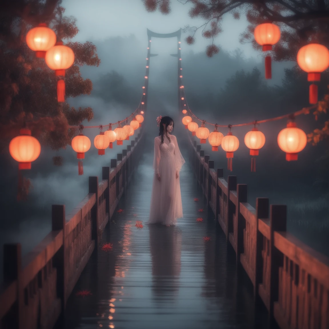 (masterpiece, best quality:1.2), upper body, ((1 beauty girl)), ((wearing clothes)), solo, ((lying pose)), The mysterious Chinese wooden suspension bridge is endlessly long, floating in the mist, on both sides of the bridge are fallen lanterns, on both sides of the river are decorated with red spider lilies, ethereal lighting, delicate smoke effects, dreamlike background , the symbol symbolizes the spiritual journey and reunion, gentle pastel colors, quiet atmosphere, chinese hell theme, cinematic, dark scene,
