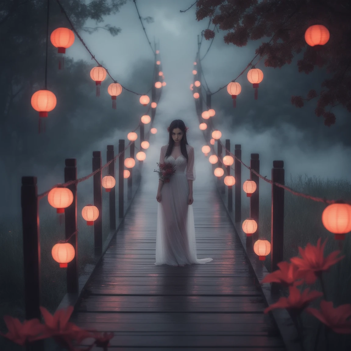 (masterpiece, best quality:1.2), upper body, ((1 beauty girl)), ((wearing clothes)), solo, ((lying pose)), The mysterious Chinese wooden suspension bridge is endlessly long, floating in the mist, on both sides of the bridge are fallen lanterns, on both sides of the river are decorated with red spider lilies, ethereal lighting, delicate smoke effects, dreamlike background , the symbol symbolizes the spiritual journey and reunion, gentle pastel colors, quiet atmosphere, chinese hell theme, cinematic, dark scene,