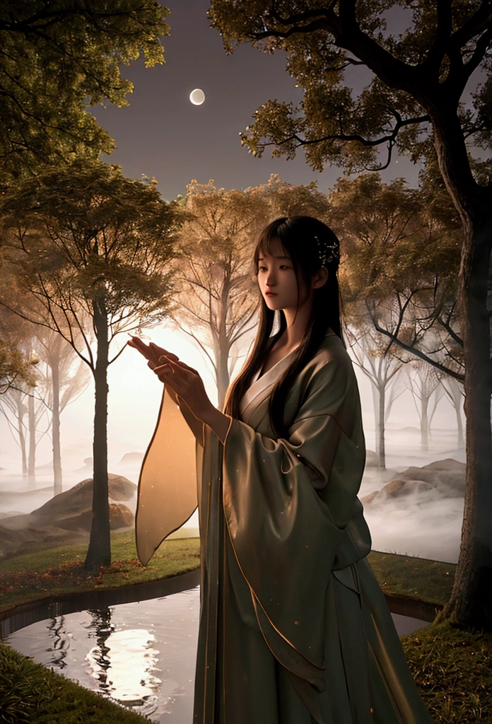 A serene and intimate full moon rising over a tranquil pond, captured in a romantic photography style, with a hypnotic orange fog rolling in, enveloping the breathtakingly beautiful trees, which are majestically lit by the moon's soft, silvery glow. The camera zooms in for a dramatic close-up, accentuating the intricate textures of the trees' gnarled branches and the misty veil of fog. The composition is masterfully balanced, with Japanese minimalist sensibilities, evoking a sense of wabi-sabi simplicity and rustic elegance. The film-like quality of the image is reminiscent of Susanne La's moonlit photography, with a warm, golden tone that imbues the scene with a sense of wonder and enchantment. The atmosphere is peaceful and contemplative, inviting the viewer to step into the mystical realm of the forest, under the watchful gaze of the moon.