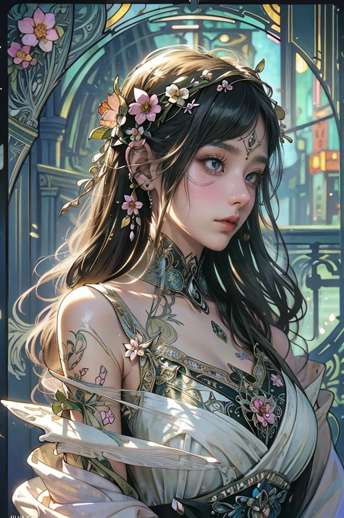 Depicts a beautiful woman with flowers in her hair、Highly detailed watercolor painting, The style of Alfons Maria Mucha and Gustav Kirmut, Art Nouveau accents, Fairy Princess, Anthropomorphic woman, Female figure, Detailed cover artwork, As the Flower Goddess, Alphonse Mucha, Gustav Klimt, Pale skin, Marble sculpture, society, Gothic art, Art Nouveau, Behance Contest Winner