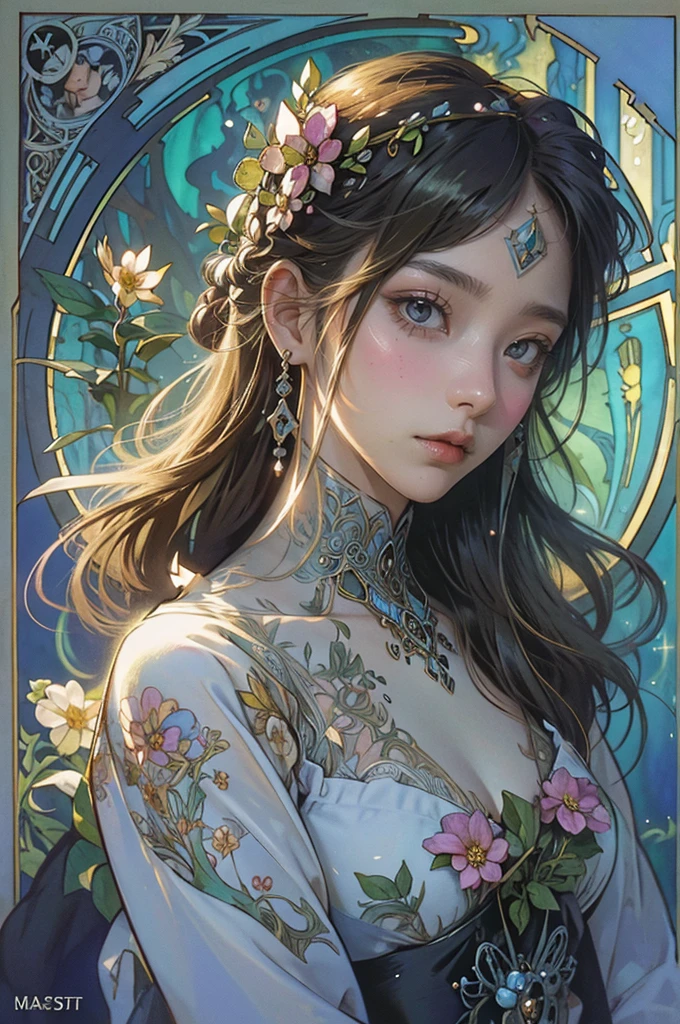 Depicts a beautiful woman with flowers in her hair、Highly detailed watercolor painting, The style of Alfons Maria Mucha and Gustav Kirmut, Art Nouveau accents, Fairy Princess, Anthropomorphic woman, Female figure, Detailed cover artwork, As the Flower Goddess, Alphonse Mucha, Gustav Klimt, Pale skin, Marble sculpture, society, Gothic art, Art Nouveau, Behance Contest Winner