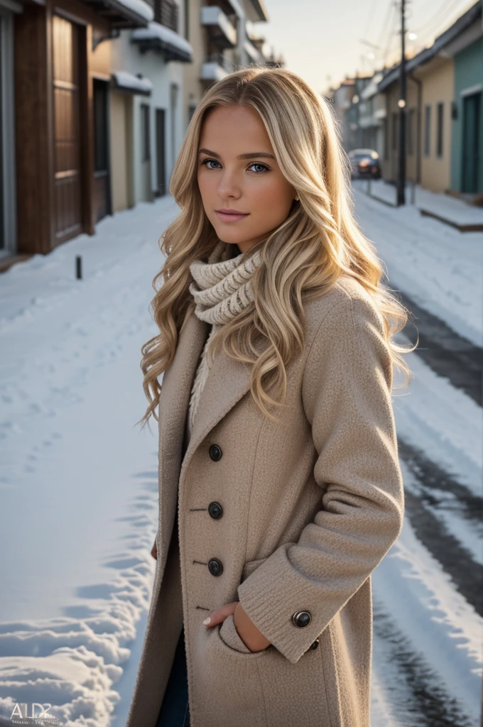 proFessional portrait photograph oF a gorgeous Norwegian girl in winter clothing with long wavy blonde hair, sultry Flirty look, gorgeous symmetrical Face, lindo maquillaje natural, wearing elegant warm winter Fashion clothing, ((parado afuera en una calle nevada de la ciudad)), impresionante entorno urbano moderno, ultra realista, Arte conceptual, elegant, muy detallado, Intrincado, sharp Focus, depth oF Field, F/1. 8, 85mm, tiro medio, plano medio, (((proFessionally color graded))), bright soFt diFFused light, (volumetric Fog), tendencia en instagram, hdr 4k, 8K