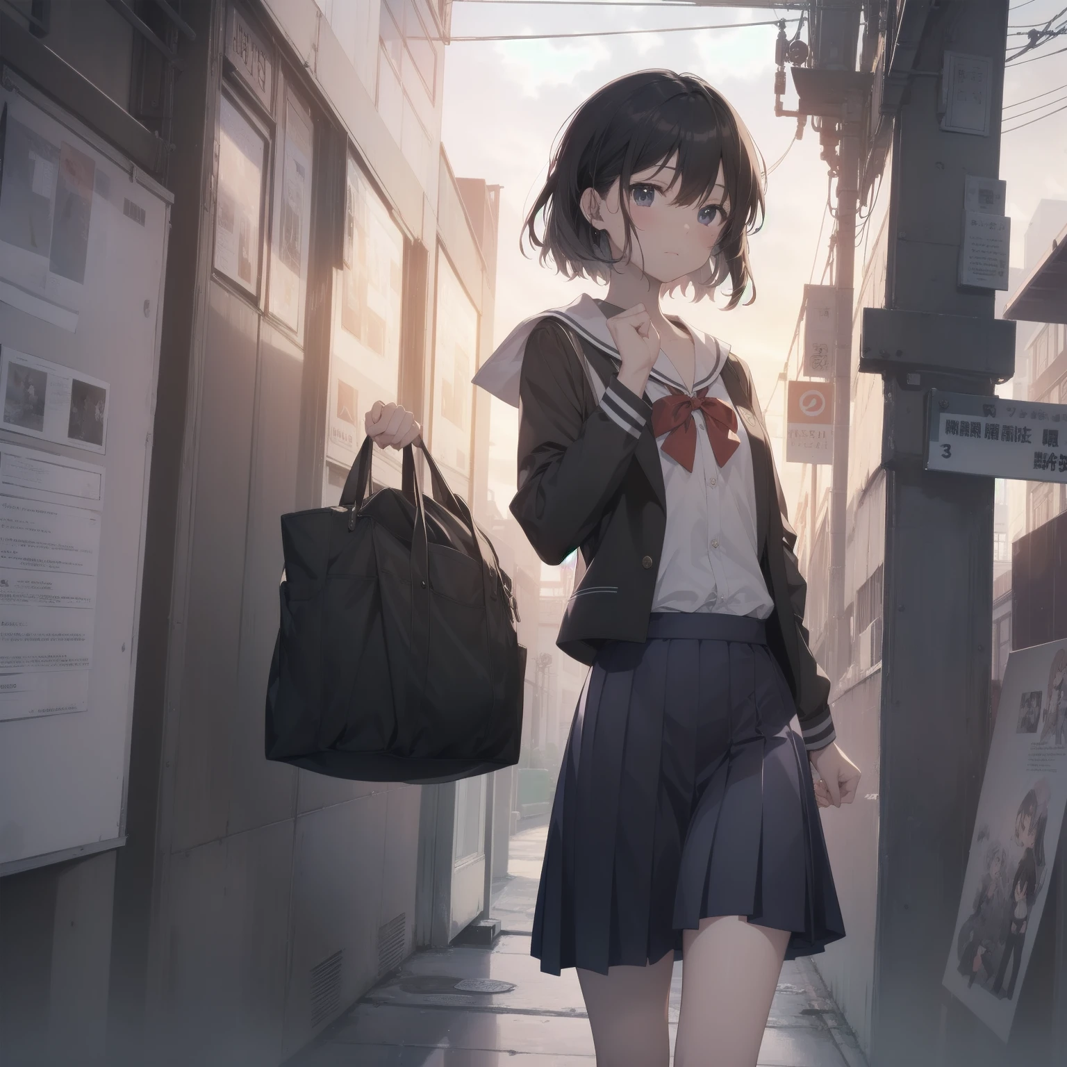 ultra-absurdres-Top quality by artist God, ultra-detailed, high resolution, anime moe artstyle, best anime 8k konachan wallpaper, pixiv contest winner, pool:2810, perfect anatomy,break, 1girl, (Please draw a girl walking sleepily to school alone. )break,(Solo,little female, 13-year-old:1.3),Full limbs, complete fingers,a junior high school student, (very short hair), short cut, flat chest, , small butt, small black eyes, beautiful detailed eyes, well-proportioned iris and pupils, expressive eyes, highres detailed hair, soft expression, salor school_uniform, sailor collar, serahuku, bow, pleated skirt,(Detailed Lighting), (Detailed background), in the School commute route. break,super detailed skin, Best cinematic lighting powered by famous artist, 8k,beauty illustration,photoshop_(medium),very aesthetic,break,((artist:nekotoufu )), artist:clamp ,artist:carnelian ,artist:kantoku ,