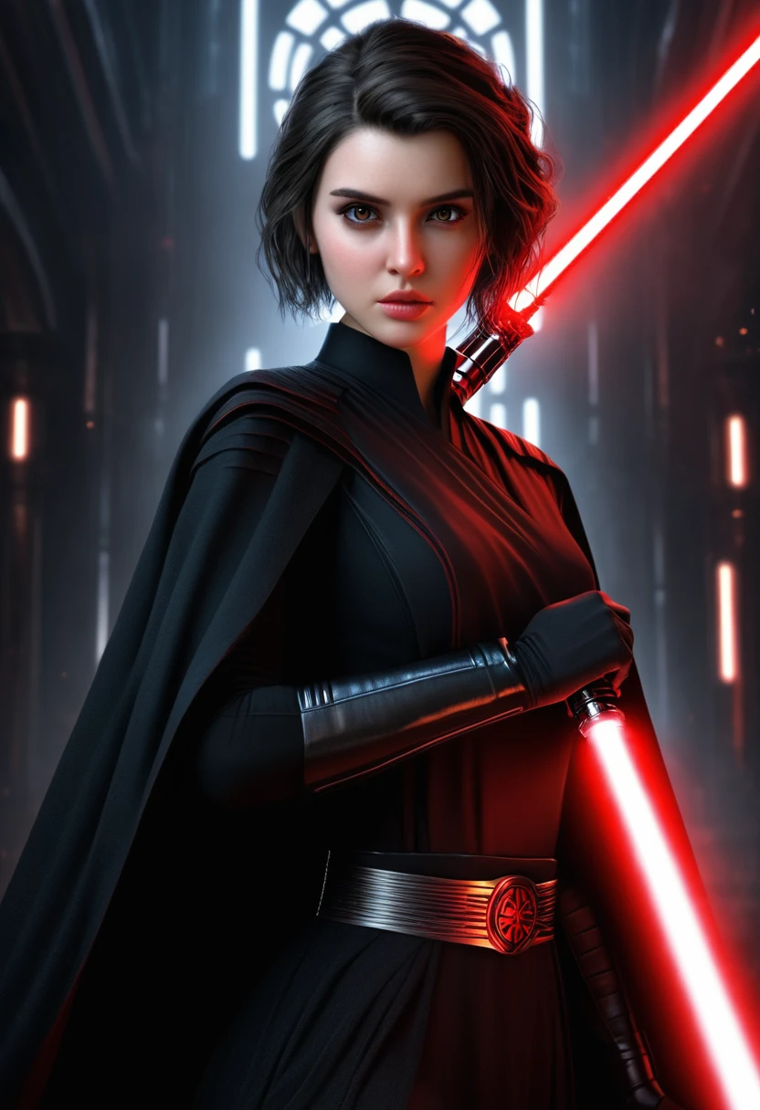 in focus, dark epic background, gorgeous lifelike, dynamic pose, a young lady, (highly detailed face and eyes:1.3), confident expression, holding red lightsaber in his hand, medium shot, hyper details, lighting art, cinematic, insane details, intricate details, hyperdetailed, goth, fractal, dark shot, big , sith (star wars), full body, short hair