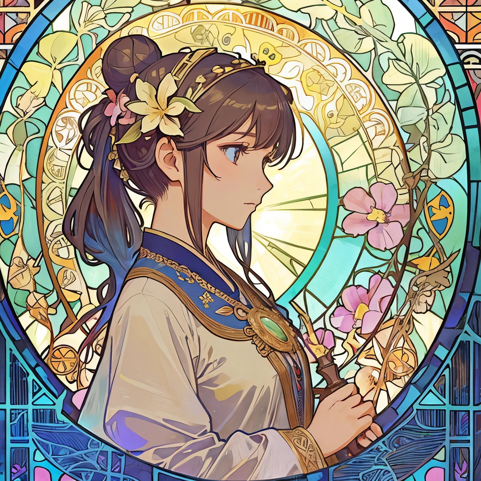 1 girl, (masterpiece, highest quality, highest quality, beautiful and aesthetic: 1.2), (1 girl: 1.3), flower jewelry, delicate clothing, square picture frame, ((face)), sharp pupils, cool face, Transparent and beautiful stained glass background, (Alphonse Mucha's's), Traditional Arab dress,Headpiece,Gradient color hairstyle,Front blur, Alphonse Mucha's, Ultra-detailed, Soft Light, Gentle colors, solo, Bun Hair, Side Fishbone, Low ponytail,accessories, Hair flower character profile,