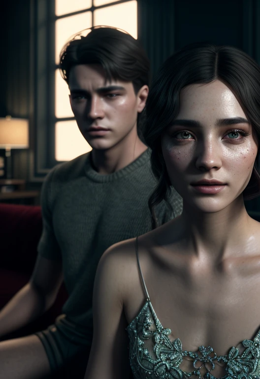 ails of the people, retro style, warm and cozy color palette, soft lighting. (best quality,high definition,ultra-detailed,realistic:1.37), [retro] [warm and cozy color palette], [soft lighting], [detailed portrayal of people], [1960s], [three young men], [a girl], [sitting on a sofa], [living room], cinematic, fine details, 8k, dark shot, soft volumetric lights, backlit, cinematic, intricate details, ArtStation cell shading, digital art, bloom, dark and gloomy full body 8k unity render, porcelain cracked skin, skin pores, detailed intricate iris, very dark lighting, heavy shadows, detailed, detailed face, (vibrant, dramatic, dark, sharp focus, 8k)
