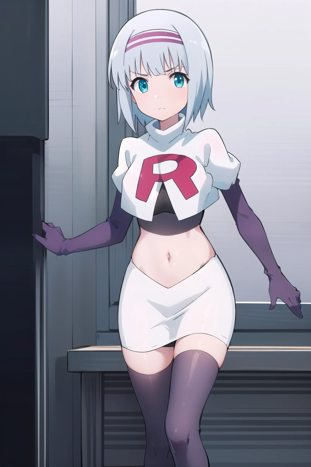 solo, 1girl, looking at viewer, 2D, anime, anime coloring, (simple background, solid white background:1.3),  linze silhoueska, team rocket,team rocket uniform,white skirt,red letter R,crop top,black thigh-highs,black elbow gloves