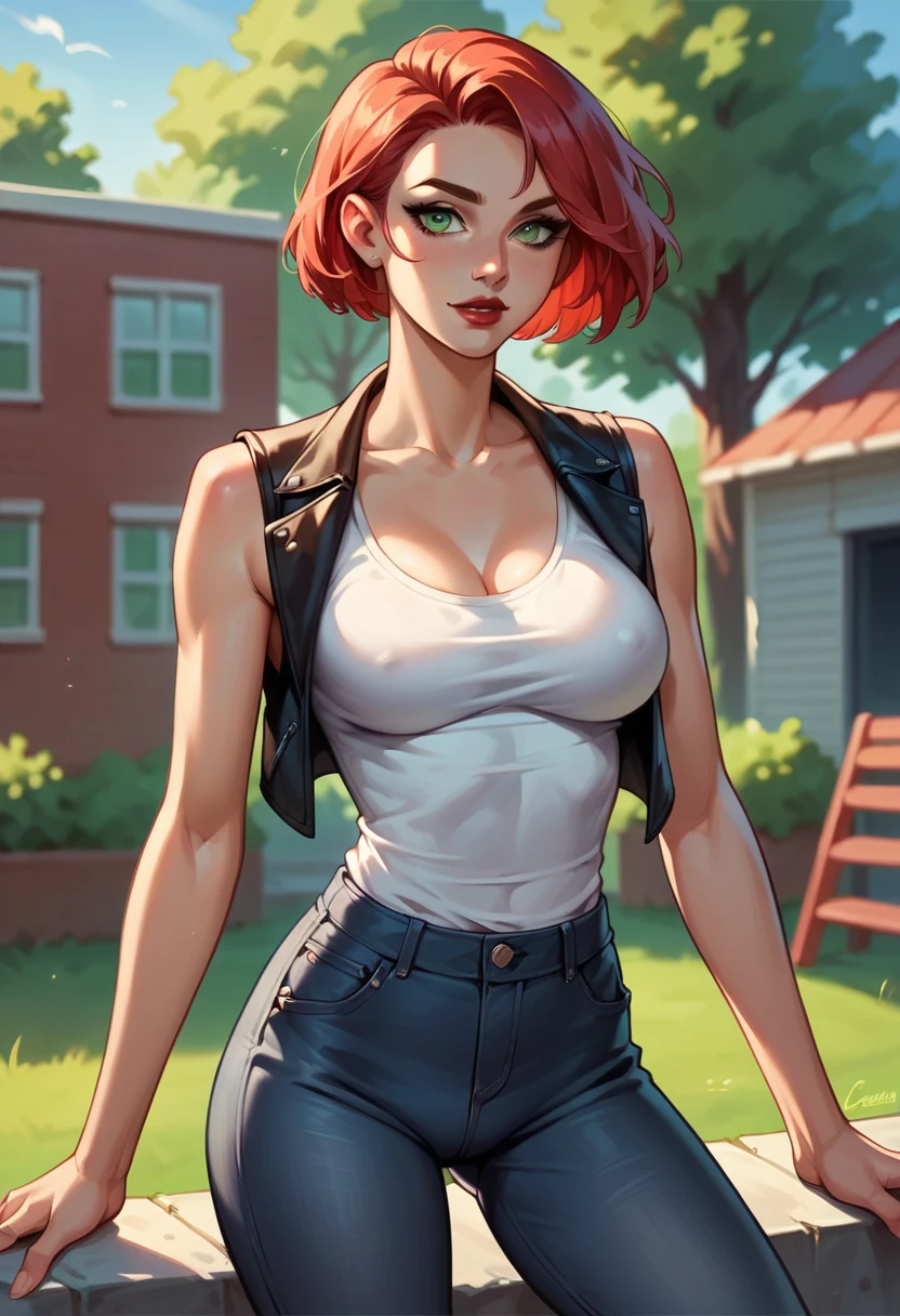 masterpiece, beautiful adult woman, ((caucasian skin)), red hair, short hair, black leather vest, black tight jeans, ((backyard)), red lipstick, green eyes, slender body, busty, portrait