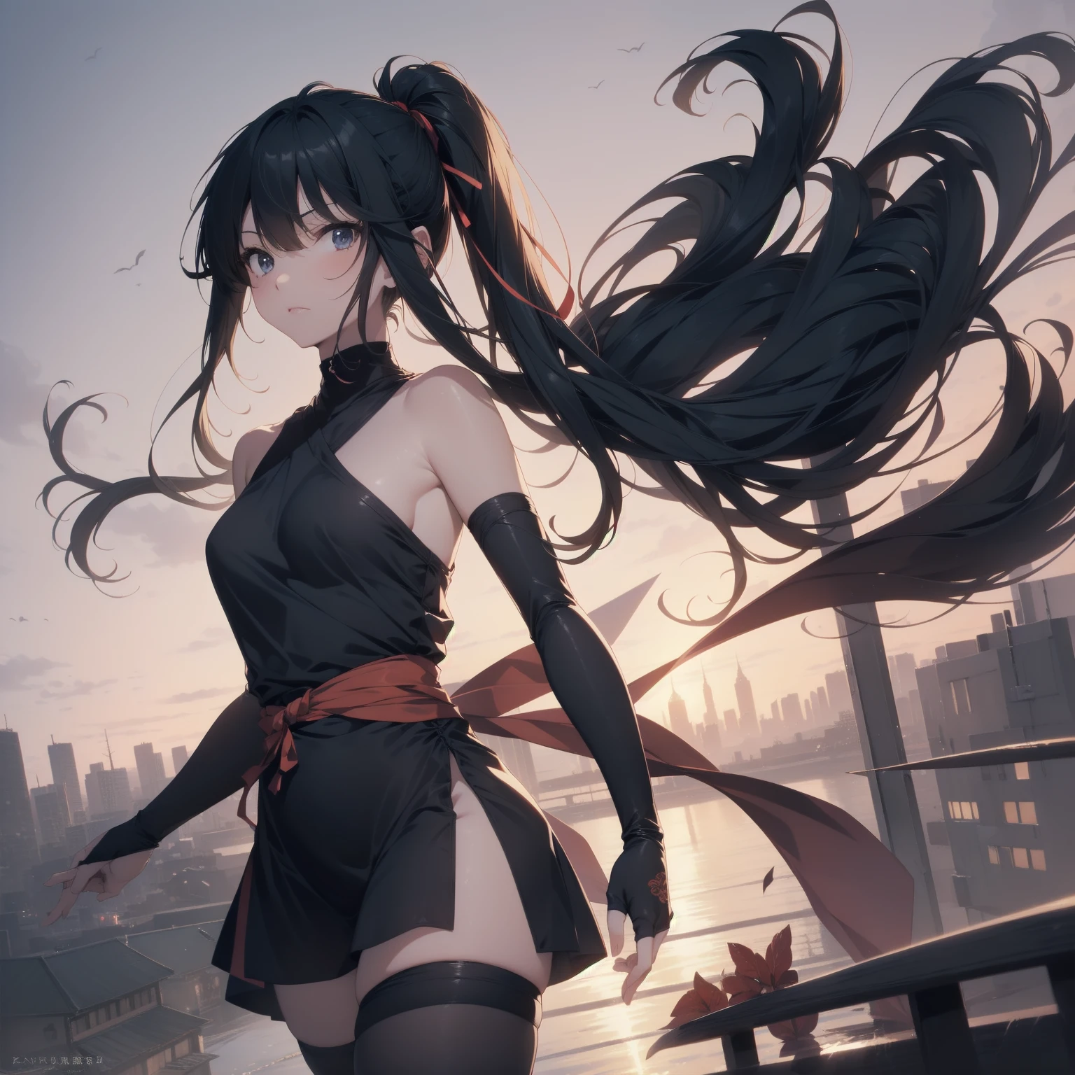 Ninjas are... cool and... fast.！ultra-absurdres-Top quality by artist God, ultra-detailed, high resolution, anime moe artstyle, best anime 8k konachan wallpaper, pixiv contest winner, pool:2810, perfect anatomy,break, Domo…1girl is ninja girl, (Please draw a picture of a Ninja girl stand and look down on the city from rooftop),from above, dutch angle, break, (Solo,little female,,12-year-old:1.3), androgynous charm, (Very Short hair, blunt bangs), Full limbs, complete fingers,flat chest, Small butt, groin, small black eyes, beautiful detailed eyes, well-proportioned iris and pupils, expressive eyes, highres detailed hair, (sleeveless hanjuban),obi,ninja hakama, japanese Hairpin,ninja scarf waving in the wind, ninja stance, break,super detailed skin, Best cinematic lighting powered by famous artist, 8k,beauty illustration,photoshop_(medium),very aesthetic,break,((artist:nekotoufu )), artist:clamp ,artist:carnelian ,artist:kantoku ,
