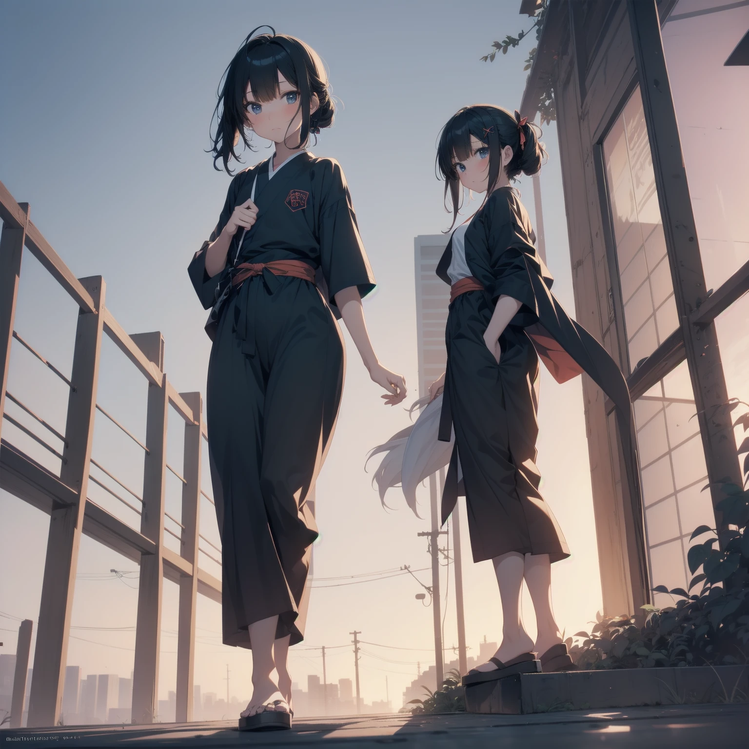 Ninjas are... cool and... fast.!ultra-absurdres-Top quality by artist God, ultra-detailed, high resolution, anime moe artstyle, best anime 8k konachan wallpaper, pixiv contest winner, pool:2810, perfect anatomy,break, Domo…1girl is ninja girl, (Please draw a picture of a Ninja girl stand and look down on the city from rooftop),from above, dutch angle, break, (Solo,little female,,:1.3), androgynous charm, (Very Short hair, blunt bangs), Full limbs, complete fingers,flat chest, Small butt, groinall black eyes, beautiful detailed eyes, well-proportioned iris and pupils, expressive eyes, highres detailed hair, (sleeveless hanjuban),obi,ninja hakama, japanese Hairpin,ninja scarf waving in the wind, ninja stance, break,super detailed skin, Best cinematic lighting powered by famous artist, 8k,beauty illustration,photoshop_(medium),very aesthetic,break,((artist:nekotoufu )), artist:clamp ,artist:carnelian ,artist:kantoku ,