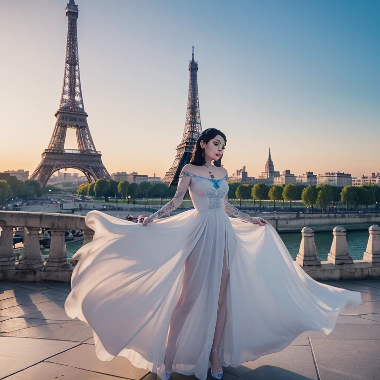 Snow White, wearing her signature dress, poses gracefully in front of the Eiffel Tower. Her skin is decorated with elegant tattoos that add a modern twist to her classic look. The background showcases a panoramic view of Paris, with the Eiffel Tower majestically rising into the sky. The image is highly realistic, hyperrealism cinematic film still