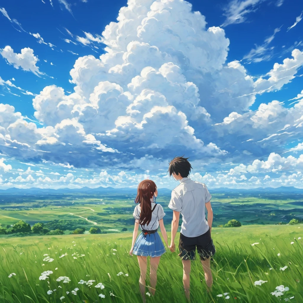 Masterpiece, Top Quality, Best Quality, Ultra-Detailed, Absolutely Resolution, 16k, HIGH RES,anime landscape, beautiful hair, boyfridend girlfrien sweet, looking at clouds, in a grassland, creative, realist, white clouds, blue sky, landscape amazing, guy looking away from camera, wide photo