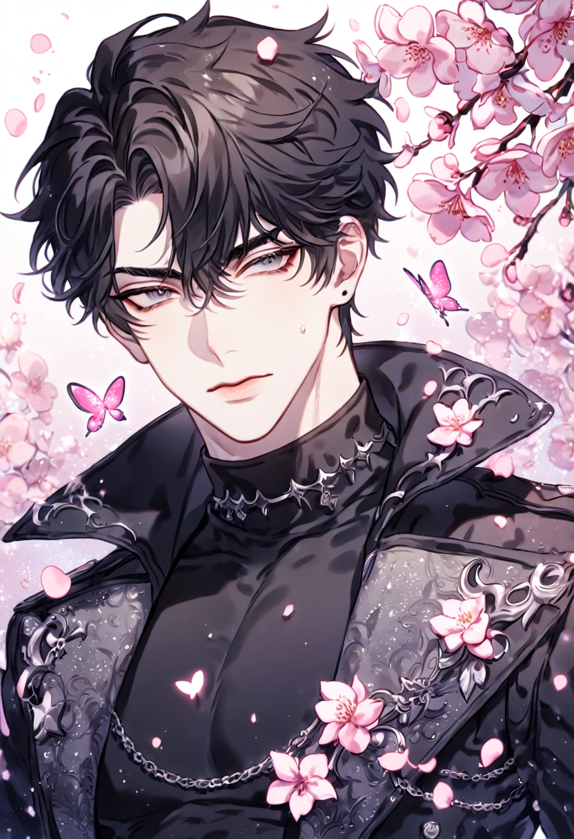 Ultra detailed, HDR, Highres, absurdres, master piece, Yoo Joonghyuk, black hair, expressive gray eyes, black coat, black tight turtleneck shirt, Omniscient Reader's viewpoint, sexy man, handsome, cherry, flowers, blossoms, fantasy, magical, pink leaves, sensual, best quality, glittering, pink butterflies, pink ice, close up