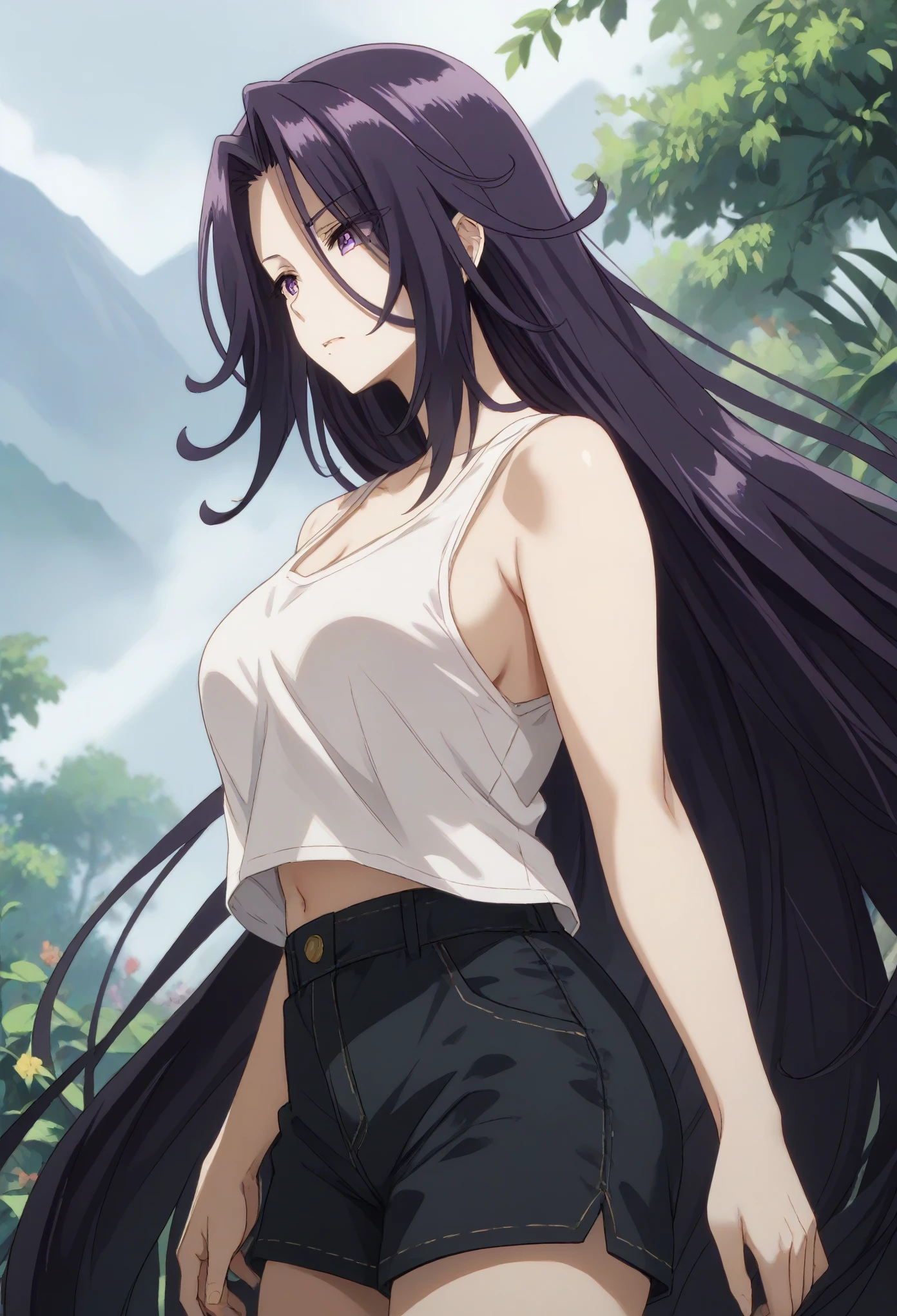 aurora,tall woman, long hair, purple hair, very long hair, purple eyes,white tank top,black shorts