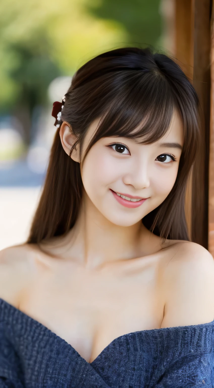 masterpiece,best quality,(Japanese girl),((Beautiful girl)),cleavage,(off shoulder:1.2),(perfect body beauty:1.2),(shy smile),From slightly above,