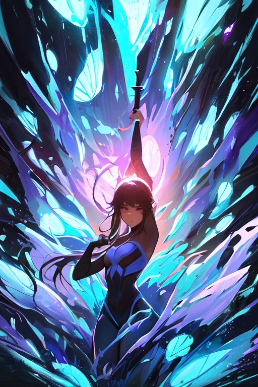 ((masterpiece, best quality)),a girl holding a sword, in the style of dark azure and light azure, mixes realistic and fantastical elements, vibrant нарисовка, uhd image, glassy translucence, vibrant illustrationsã