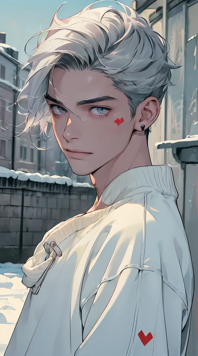 (((8k, RAW Photos, best qualityer, Masterpiece artwork: 1.4))), ultra-high resolution, ultra detali, lamp, Decote em close, handsome man, amber eyes, (detailedeyes, eyes are bright:1.2), short platinum hair, pale skin, ear piercings, neutral clothing, meticulous clothes, winter sweatshirt, Furry accessories in clothes, manly man, troubled smile (Perfect Anatomia:1.2), Sombra de high qualiy, natural lighting, (white highlights:1.2), the cloudy night, (small tattoo on neck:1.2), (snowy and winter sky:1.2),work of art, high qualiy, best qualityer, High definition, realisitic, perfect lighting, body detailed, 1 men, dark platinum hair, Facial expression, winter sweatshirt, in street, snow falling, chilly, Scenery with snow
