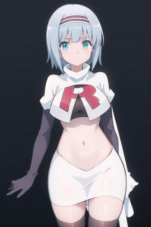 solo, 1girl, looking at viewer, 2D, anime, anime coloring, (simple background, solid white background:1.3), linze silhoueska, team rocket,team rocket uniform,white skirt,red letter R,crop top,black thigh-highs,black elbow gloves