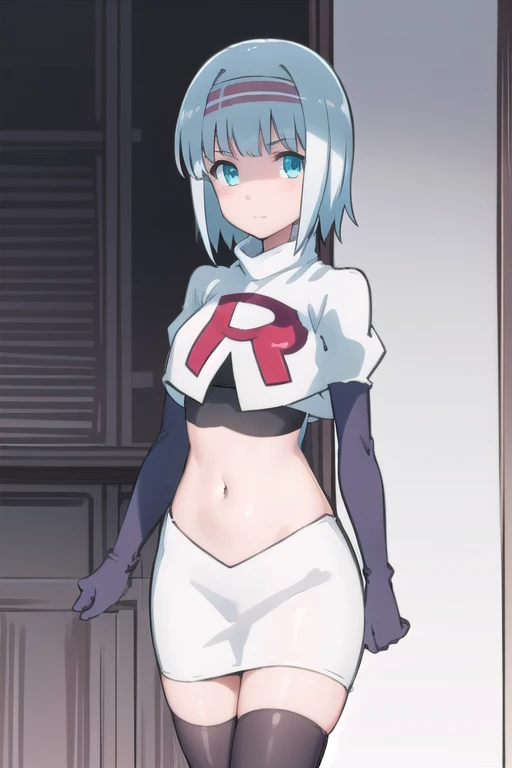 solo, 1girl, looking at viewer, 2D, anime, anime coloring, (simple background, solid white background:1.3),  linze silhoueska, team rocket,team rocket uniform,white skirt,red letter R,crop top,black thigh-highs,black elbow gloves