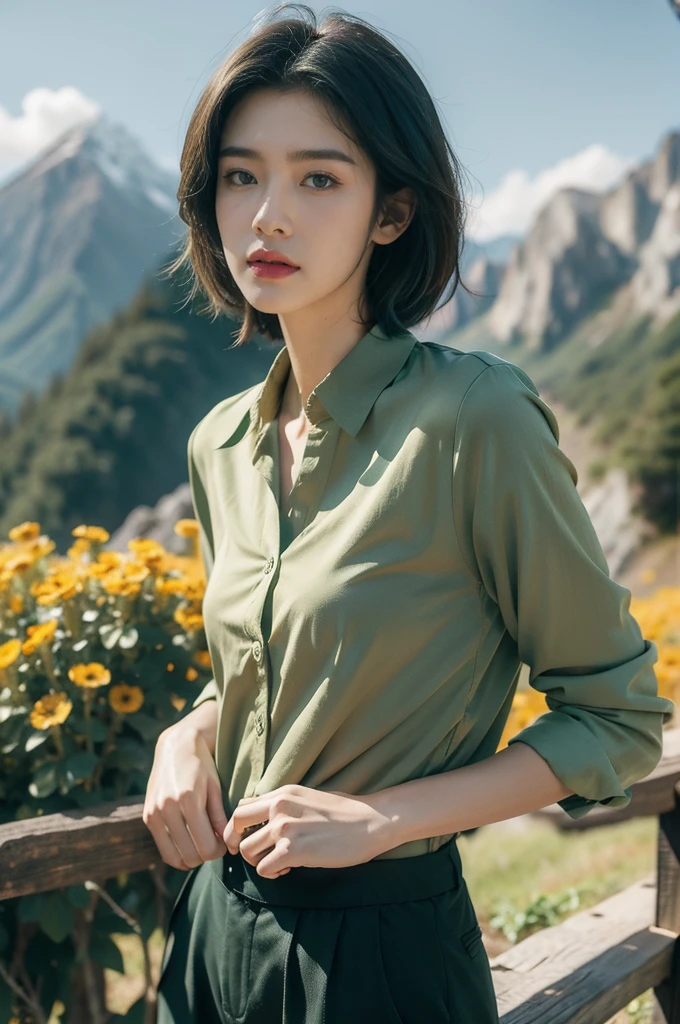 (((best quality))),(((ultra detailed))),(((masterpiece))),illustration,((1 beautiful girl,solo)),(black short hair:1.2),((slim,thin)),((small breasts,thin)), vigorous, confident, (light green collared shirt:1.3), (dark green pants:1.2), simplicity, robustness, strong features, vibrant colors, dynamic brushstrokes, glowing eyes, rebellious, sensible, (mountainous landscape:1.3), (vibrant flowers:1.3), elegance, unyielding spirit, youthful beauty, strength, resilience, adversity, challenges,((from front,upper body))