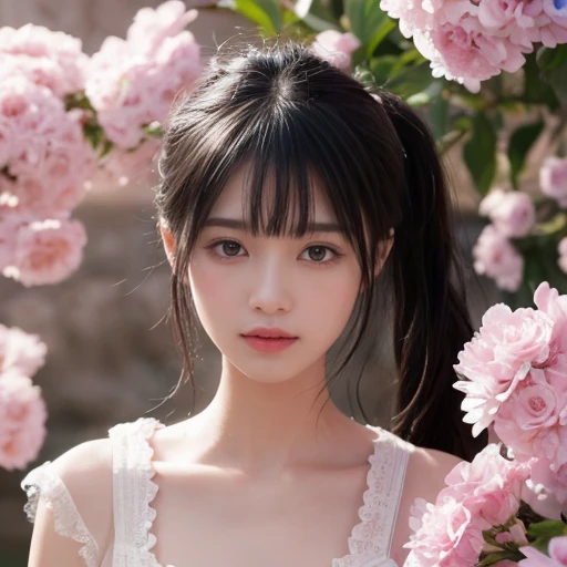 best quality, masterpiece, lifelike, 1 girl, solitary, eternity, black hair, hair tied into ponytail, Bangs, wear a skirt, flower, Detailed Background, Delicate face,pink blush,cold,lots of lace,((masterpiece))、(top quality)、8k、high detail、Super detailed、 21 years old female,masterpiece、born、Fair、magic、realism、Visual effects、FXAA、SSAO、Shader、voiceless、ambient lighting、Tone mapping、High resolution、Ultra high quality、Million pixels、(8k resolution:1.10)、8k resolution、high detail、intricate details、 (high quality:1.2、masterpiece:1.2、:1.21)、(21 years old female),Travel Photos