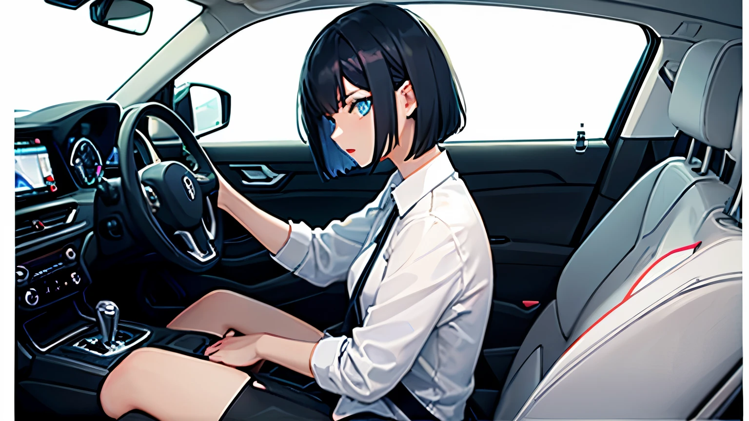 (Solo girl around 20 years old), (Black bob hair), blue eyes,White shirt, Lewd Eyes, From the side, (Driving a car:1.2)Look ahead