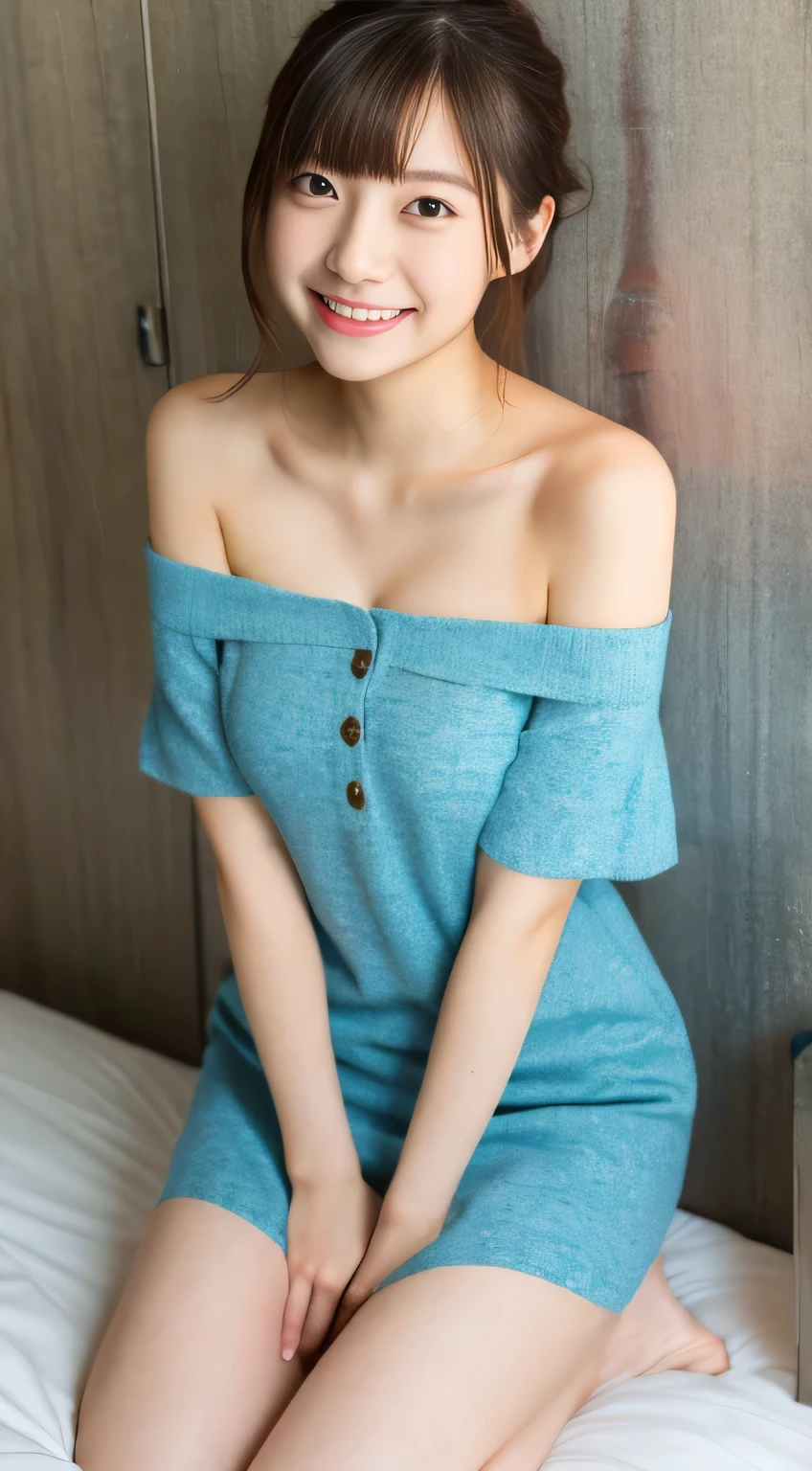 masterpiece,best quality,(Japanese girl),((Beautiful girl)),cleavage,(off shoulder:1.2),(perfect body beauty:1.2),(shy smile),From slightly above,