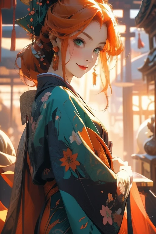 Perfect face. Perfect hands. An orange haired woman with green eyes and an hourglass figure in a kimono is smiling while leaning forward at a shrine