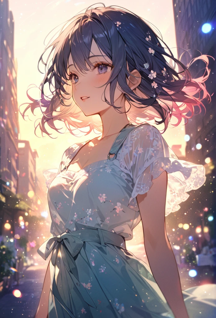 Highest quality　masterpiece　High resolution　masterpieceグレーアイズ　Low twin tails、casual summer outfit　、flowerpunk、Sparkling light particles、Vivid gradient effect