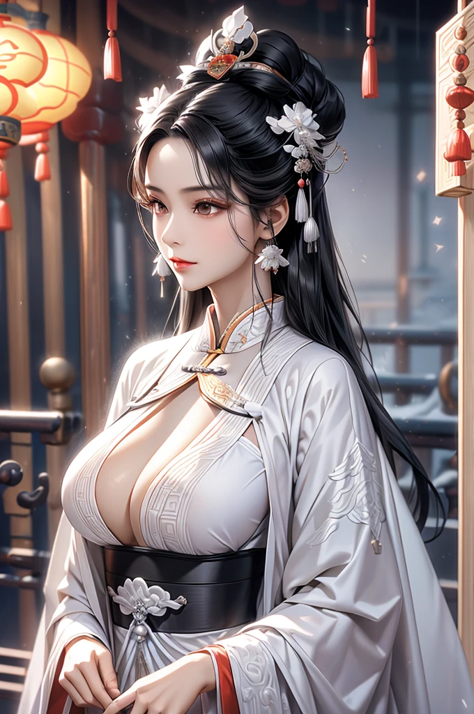 Black Hair, Immortal, Royal sister, Stepmother, White Robe, Taoist robe, Chinese style, Hair Bunch，Mature Woman