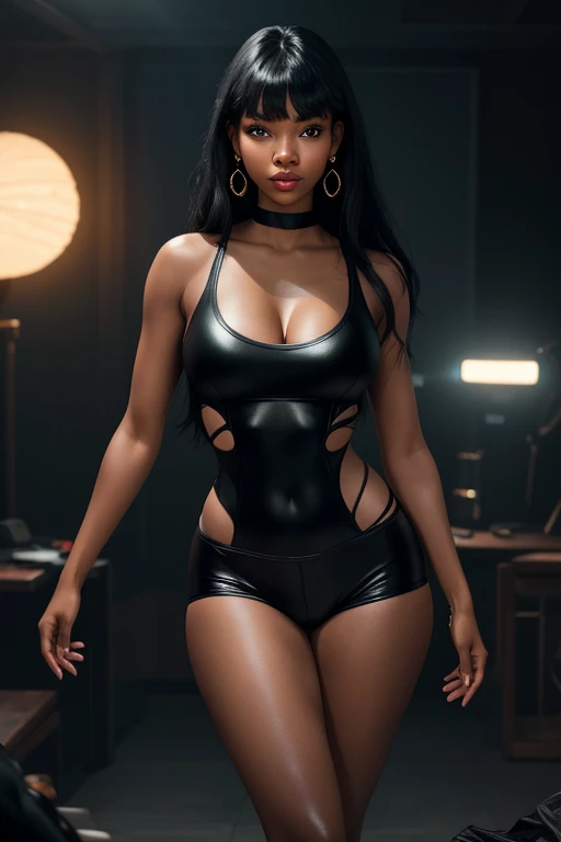 Ultra realistic, cinematic lights, real black girl, 16K, best quality, High resolution, hot atmosphere, dream atmosphere, 1 girl, 18 years old, long black hair, cute bangs over the forehead, cute eyes, sexy eyes look, beautiful makeup, pretty lips, realistic skin, skin being brightened, perfect shading, wearing a sexy black outfit, earrings, fit slim body, big natural breasts, realistic slim hot body, tall and hot girl, seductive, sensual posture, big hips, thick legs, torn clothes, realistic textures, blurred background, Depth, dream aesthetic, Atmosphere of dream, cinematic lighting.