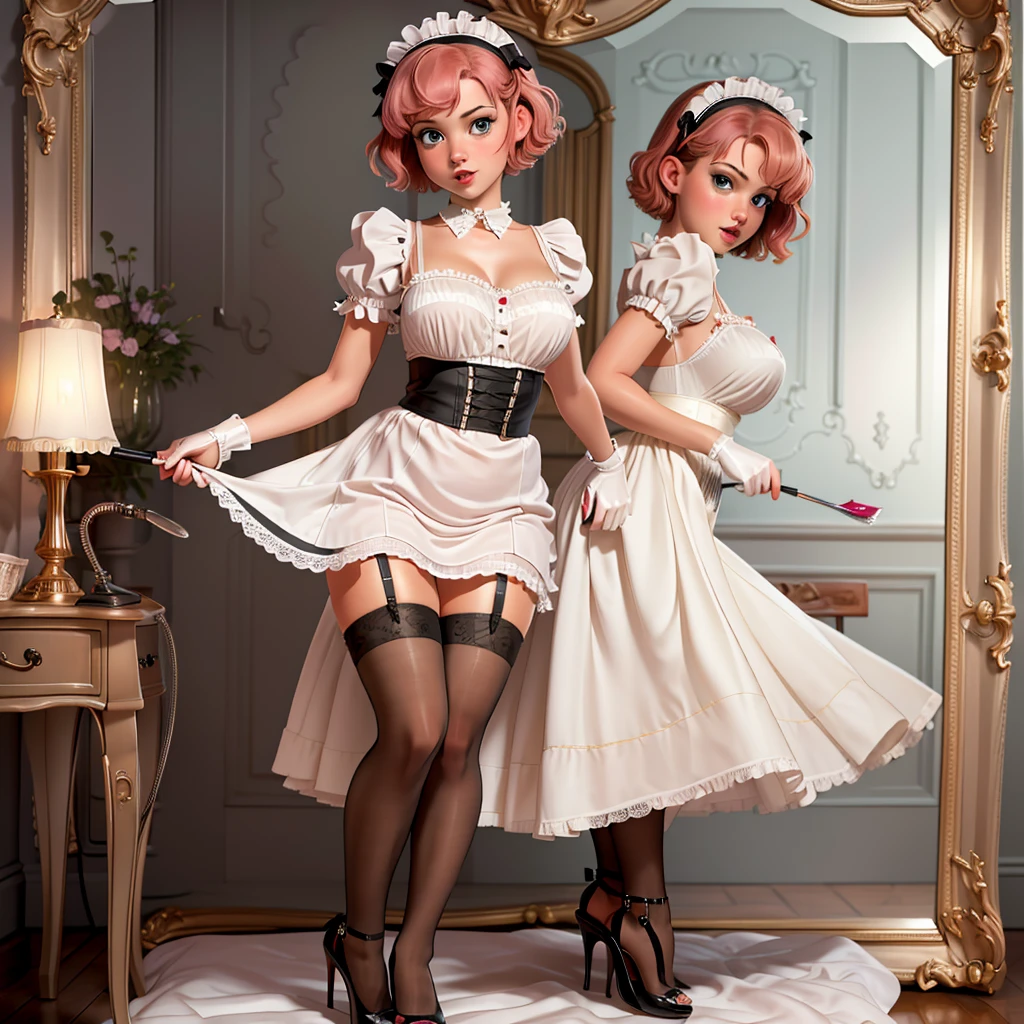 (masterpiece, 4k, best quality:1.2), ((1girl, ((solo, full body)) )), (girl is young, 20yo, short pink hair, olive eyes,detailed face, detailed hands,  (french maid costume, garter belt, stockings, high heels, cleaning a dressing-table) ), (luxury bedroom, mirror, candlelight ), (PASSION) (sitting)