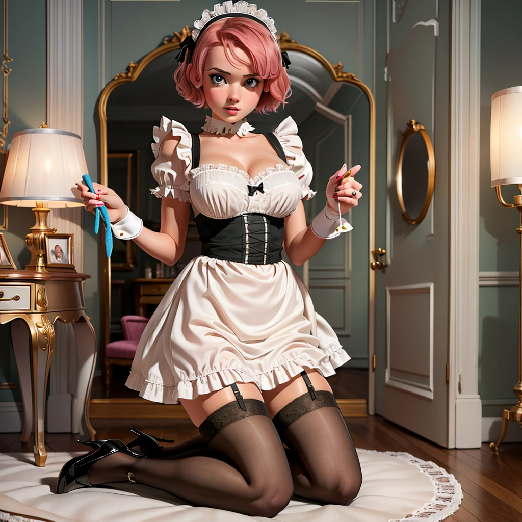 (masterpiece, 4k, best quality:1.2), ((1girl, ((solo, full body)) )), (girl is young, 20yo, short pink hair, olive eyes,detailed face, detailed hands,  (french maid costume, garter belt, stockings, high heels, cleaning a dressing-table) ), (luxury bedroom, mirror, candlelight ), (PASSION) (sitting)