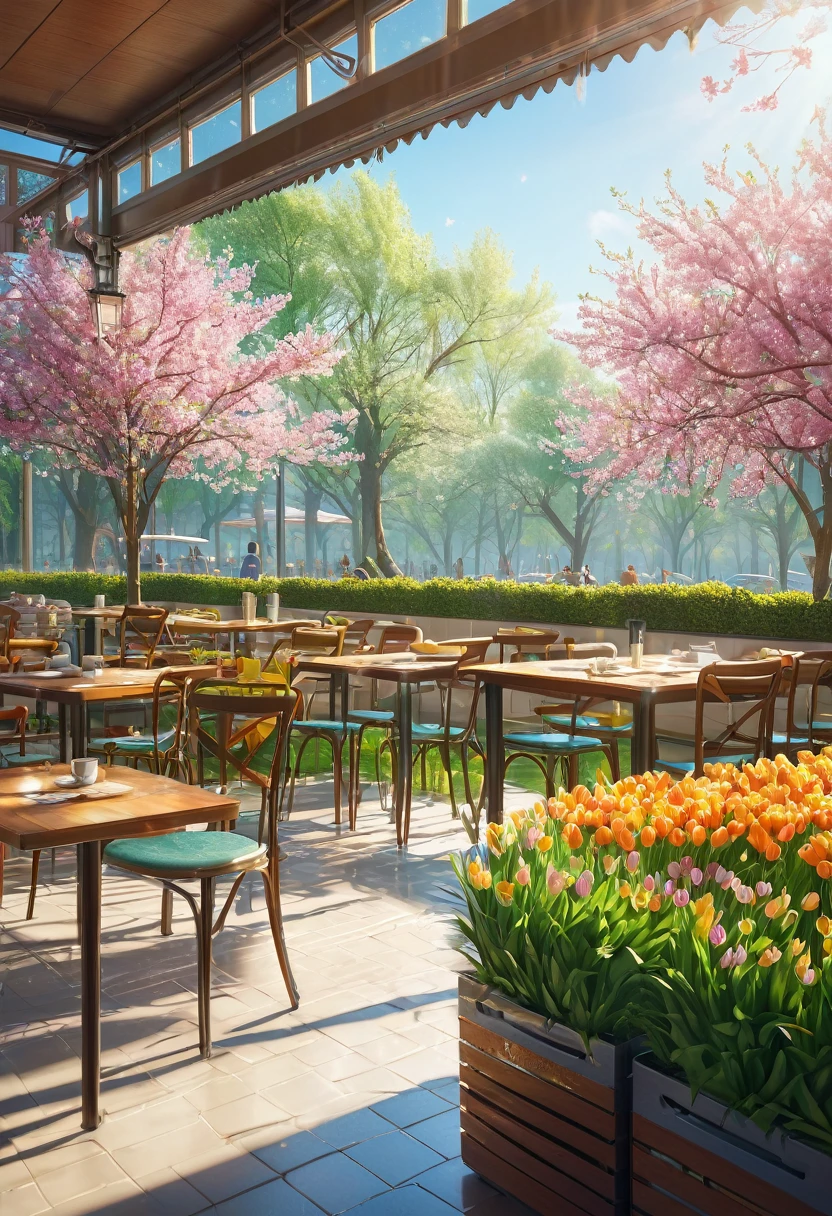(best quality, Extremely detailed, Intricate details, professional, official art works, representative work), Spring morning, Cafeteria, Sunlight, masterpiece, Perfect composition, Bright colors, Realistic lighting
