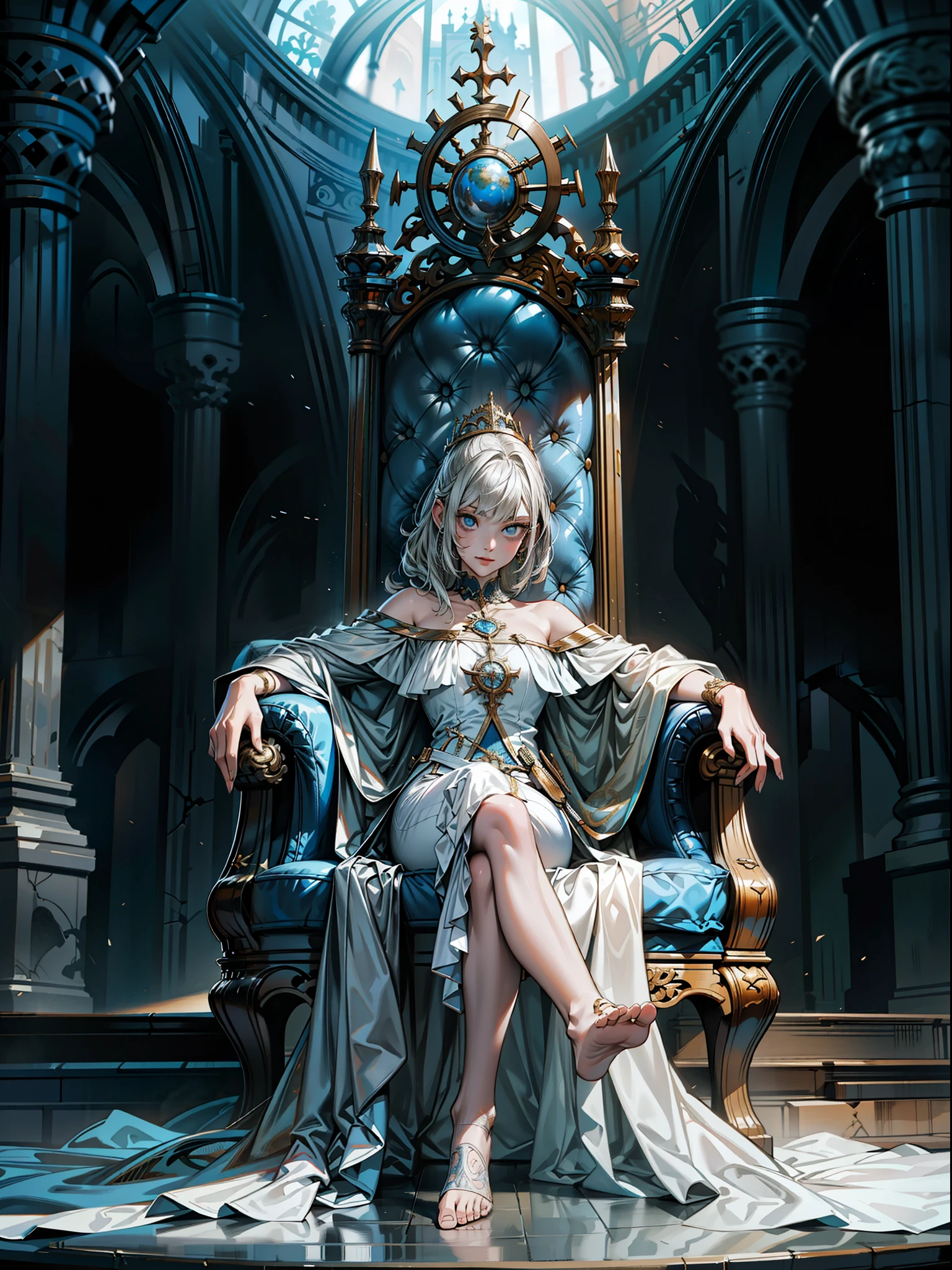 Girl on the castle throne, Detailed full body portrait, Mandy Jurgens (Mandy Jurgens) Realistic paintings created, Figurative Art, A detailed description, Realistically, A work of art, contour, Crossed feet