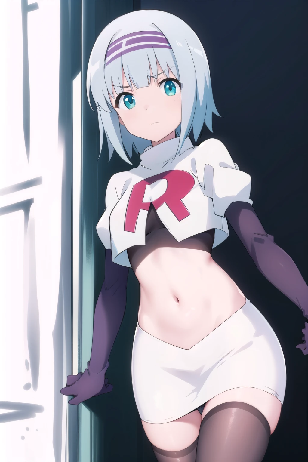 solo, 1girl, looking at viewer, 2D, anime, anime coloring, (simple background, solid white background:1.3), linze silhoueska, team rocket,team rocket uniform,white skirt,red letter R,crop top,black thigh-highs,black elbow gloves