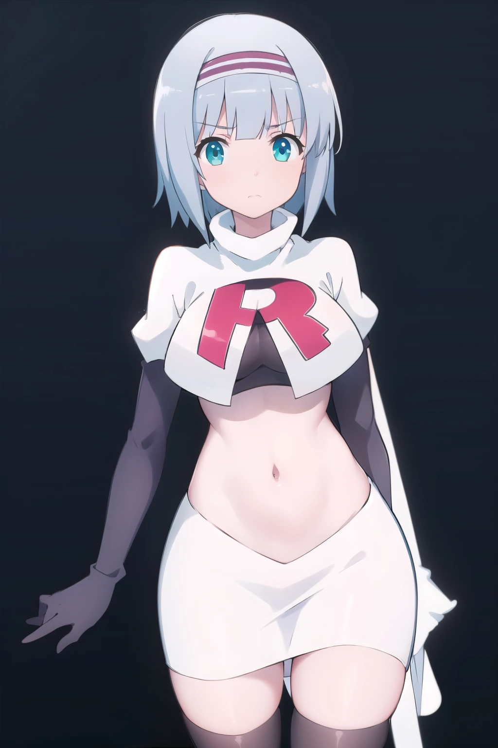 solo, 1girl, looking at viewer, 2D, anime, anime coloring, (simple background, solid white background:1.3), linze silhoueska, team rocket,team rocket uniform,white skirt,red letter R,crop top,black thigh-highs,black elbow gloves