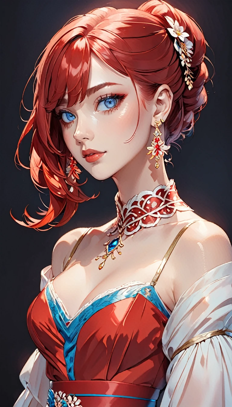 a stylized art of a woman in a pretty dress with red hair, 1girl, solo, jewelry, earrings, blue eyes, looking at viewer, mole, black background, red hair