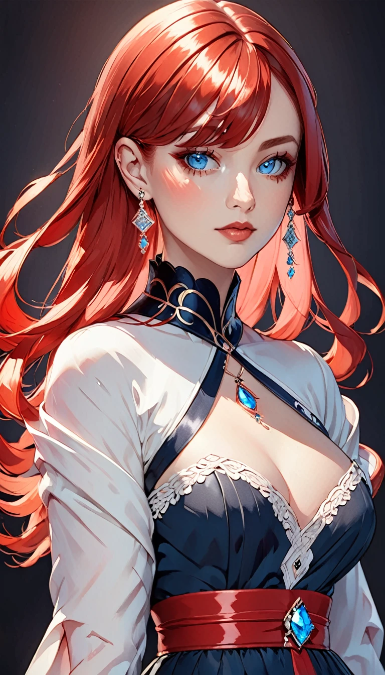 a stylized art of a woman in a pretty dress with red hair, 1girl, solo, jewelry, earrings, blue eyes, looking at viewer, mole, black background, red hair