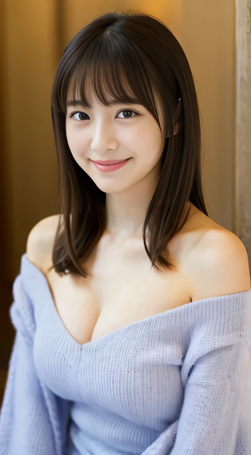 masterpiece,best quality,(Japanese girl),((Beautiful girl)),cleavage,(off shoulder:1.2),(perfect body beauty:1.2),(shy smile),From slightly above,