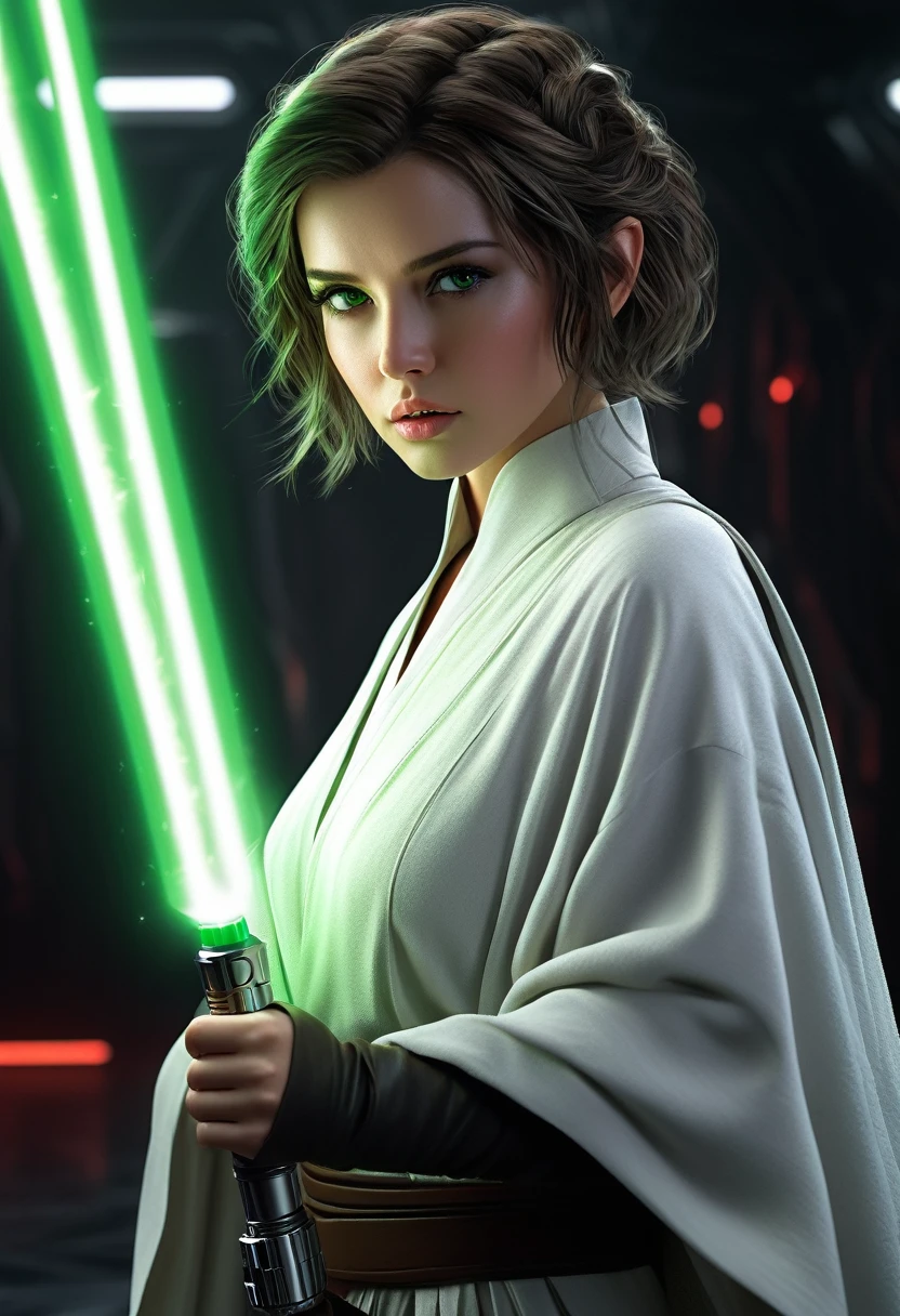 ultra wide angle, in focus, light epic background, gorgeous lifelike, dynamic pose, a young lady, (highly detailed face and eyes:1.3), confident expression, holding green lightsaber in his hand, medium shot, hyper details, lighting art, cinematic, insane details, intricate details, hyperdetailed, jedi com roupas brancas, fractal, dark shot, big , full body, jedi (Star wars), white clothes, short hair
