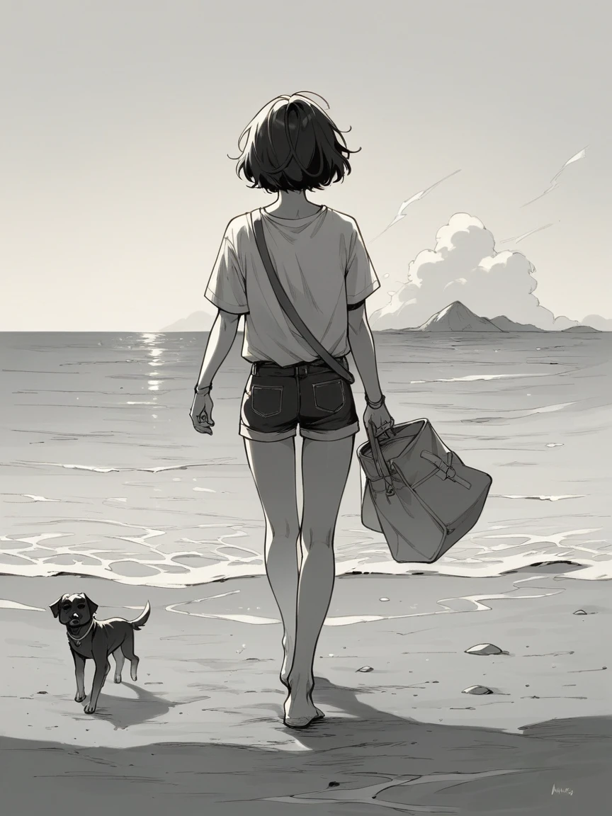 , a dog walking on a beach, monochorme, grayscale,
