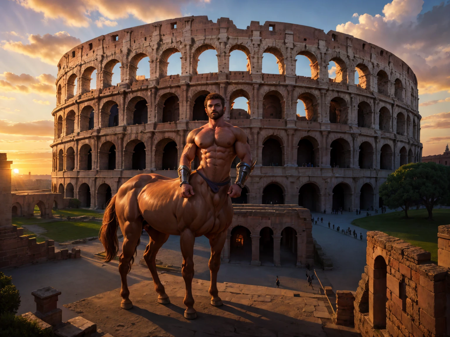 Very detailed, full color, full body photograph of a centaur.:1.2, standing, high, short brown hair, gauntlets, showing chest, detailed muscular physique, Realistic representation, 4k resolution. below: Colosseum during a spectacular sunset,32k UHD, Best Quality, masterpiece,