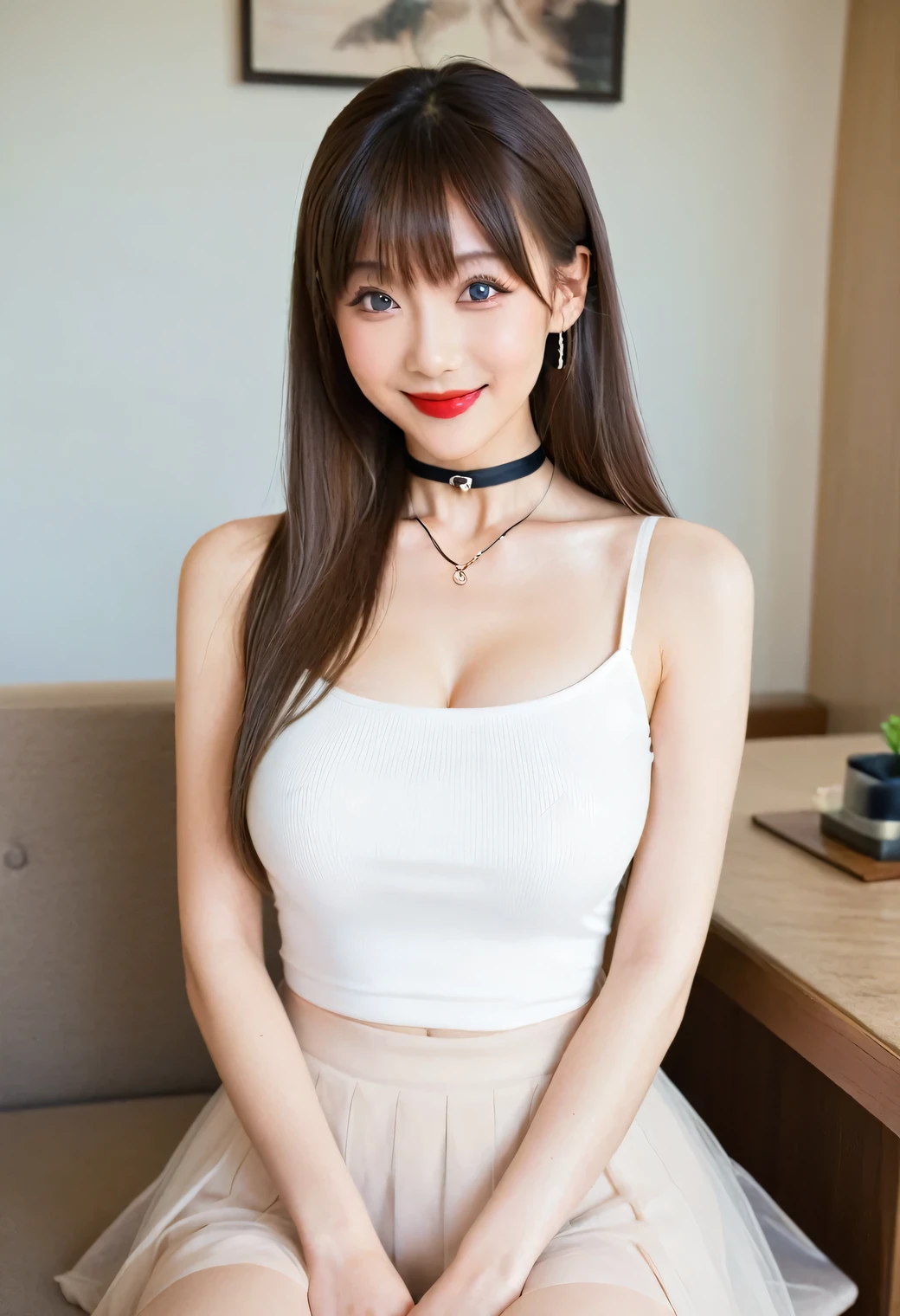 score_8up, score_9, Portrait、beauty secretary、tableトップ、Straight long hair, Brown Hair, sexy, girl, ((Ballet neck undershirt))， Adorable， smile， ((Slim face, Slim body))，Perfect hands，Black choker、Blue Contact Lenses、bangs、Very long, bushy eyelashes、((Big Breasts)), Dependents, Red lipstick, Anatomically correct、Lounge、lobby、sofa、table、Dependents、Submissive woman，tableの上にカクテルがある, Earrings、Red nail polish、ring、ring earrings