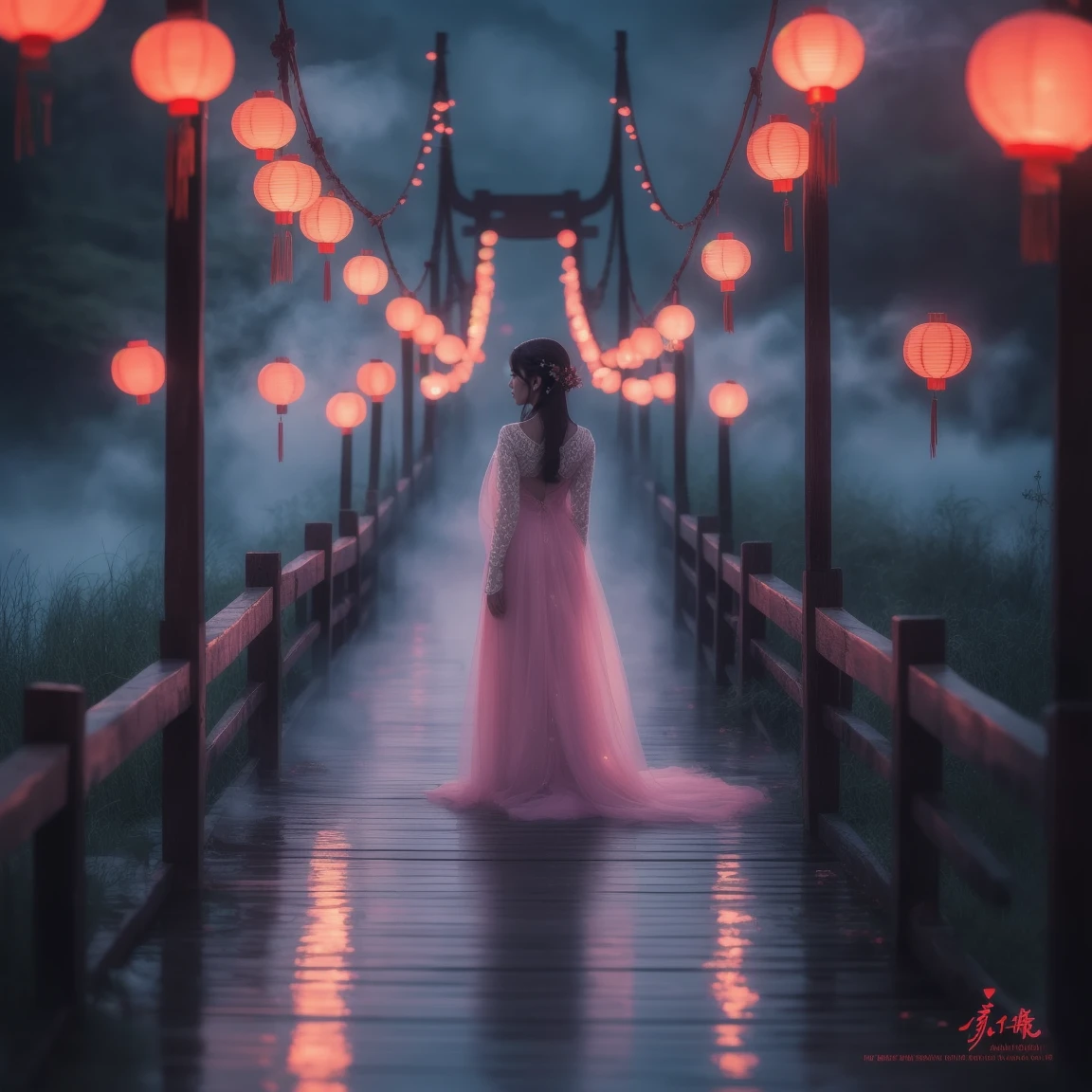 (masterpiece, best quality:1.2), upper body, ((1 beauty girl)), ((wearing clothes)), solo, ((lying pose)), The mysterious Chinese wooden suspension bridge is endlessly long, floating in the mist, on both sides of the bridge are fallen lanterns, on both sides of the river are decorated with red spider lilies, ethereal lighting, delicate smoke effects, dreamlike background , the symbol symbolizes the spiritual journey and reunion, gentle pastel colors, quiet atmosphere, chinese hell theme, cinematic, dark scene,