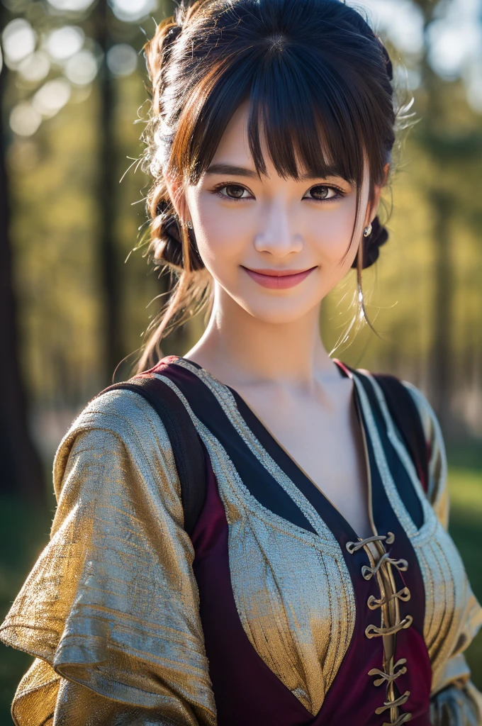 Smile face best quality, (extremely detailed CG unity 64k wallpaper), ultra-high resolution, ultra-high definition, maximalist, UHD 64k, highres, intrikate, detalhes intrikates, highy detailed, finely detailled, ultra detali, ultra-high texture quality, detailed textures, Ultra-high pixel detail, (ultra-realistic:1.3), official photo, HDR, dslr, fot, fot de pessoas, professionally color graded, Fujifilm XT3, Foto RAW, uncompressed images, shallow depth of field, full color depth, sharp focus, Amazing BREAK, gorgeous, offwhite, Exciting scene, lines, moonlights, natta, portraite, (woman in costume in fantasy world, platina updo),