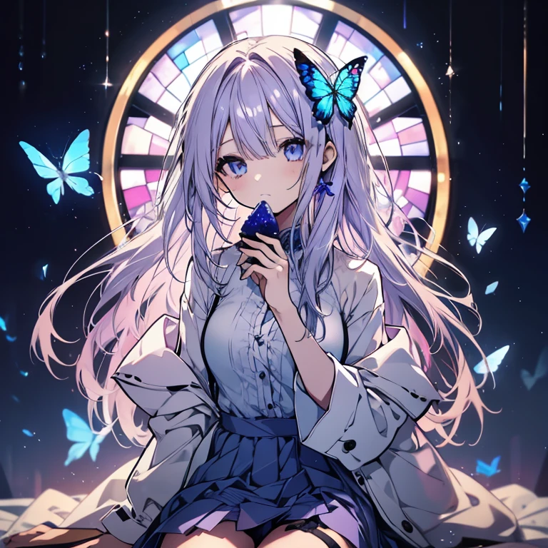 1 girl、Mature、Ample breastedium Hair、Slanted Eyes、Lavender beige hair、Blue Butterfly、Look to the side、Fleeting、Undress your shirt、Miniskirt、garter、Eating a Sapphire、sit、cool、Dimly lit room、Blue Stained Glass、ソファにsit、birdcage、High resolution、Highest quality、