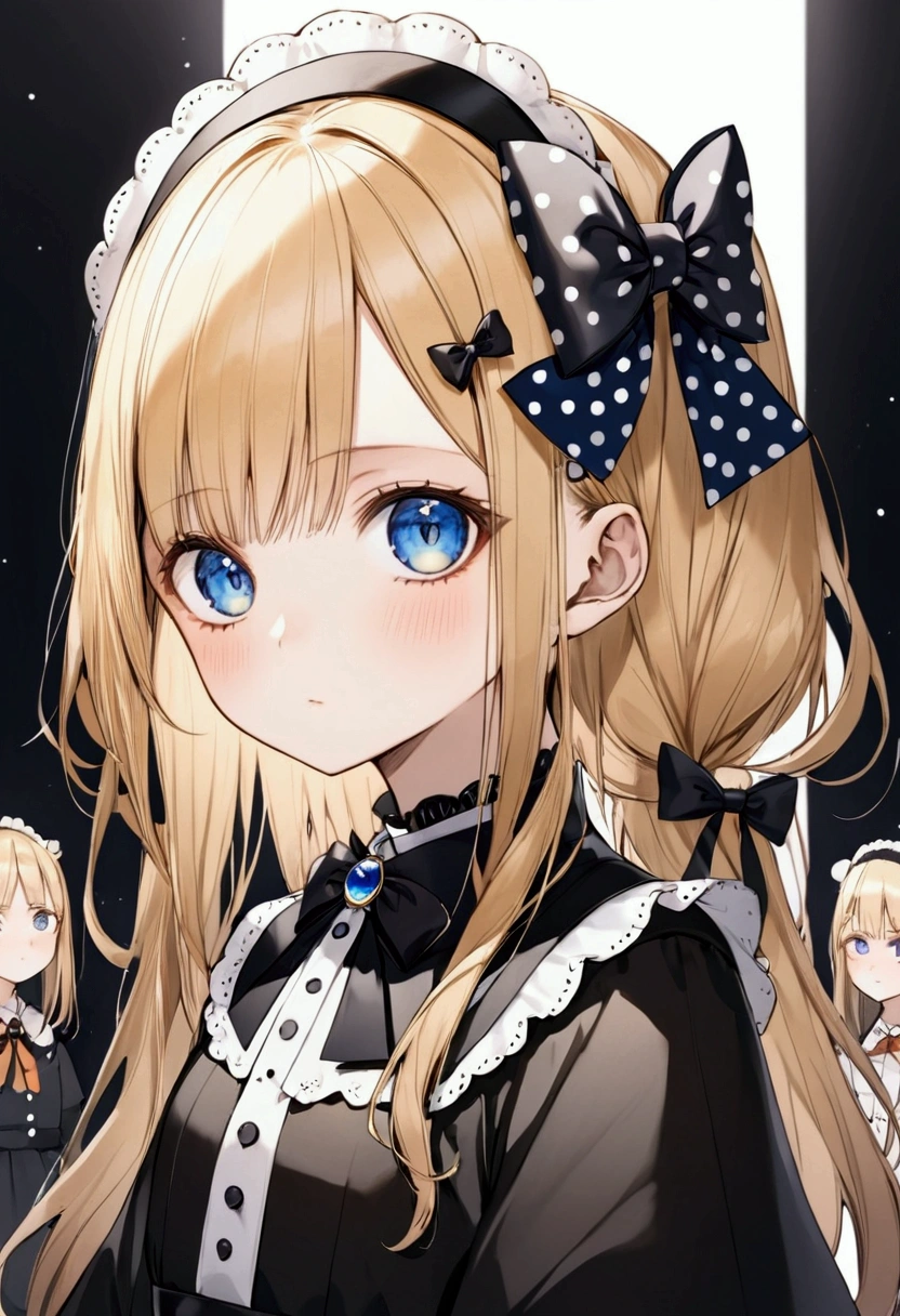 Fraction_9, Fraction_8_Direction_7_direction_6_up, 1 girl, solitary, Abigail Williams \(destiny\), bow, Blonde Hair, hair bow, black bow, blue eyes, shihakugan eyes, polka dot, Long hair, polka dot bow, Looking at the audience, have, parted Bangs, detailed complex background, Shut up, orange bow, Black headdress, Bangs, portrait, forehead, symbol, black skirt, multiple hair bows, skirt