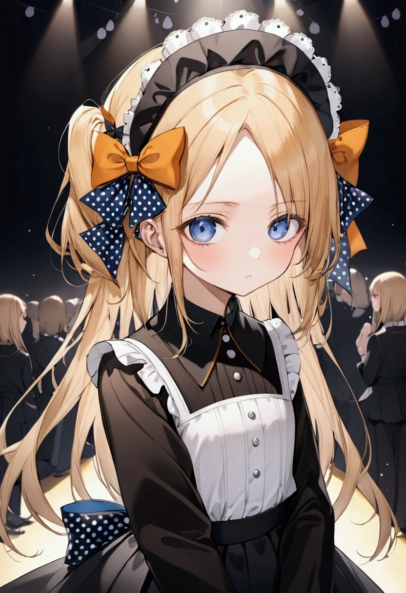 Fraction_9, Fraction_8_Direction_7_direction_6_up, 1 girl, solitary, Abigail Williams \(destiny\), bow, Blonde Hair, hair bow, black bow, blue eyes, shihakugan eyes, polka dot, Long hair, polka dot bow, Looking at the audience, have, parted Bangs, detailed complex background, Shut up, orange bow, Black headdress, Bangs, portrait, forehead, symbol, black skirt, multiple hair bows, skirt